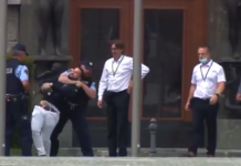 (Video) Policisti pred državnim zborom vklenili moškega, ki naj bi jih žalil